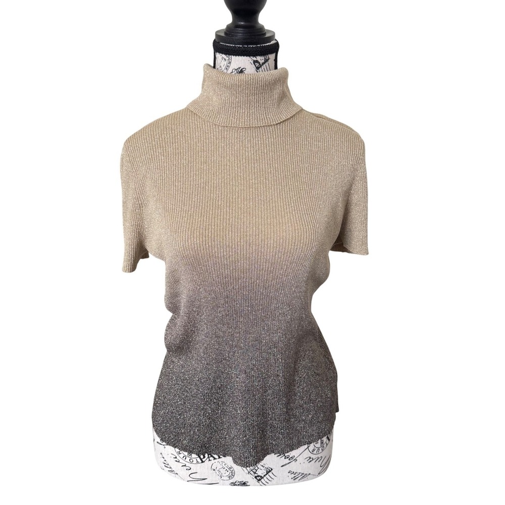 Nygard Women's Sz L Brown Shimmery Turtleneck Short Sleeve Knit Sweater Top - Picture 2 of 9